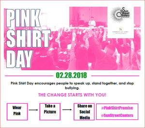 Pink Shirt Day Image of people raising their hands done in Pink and white